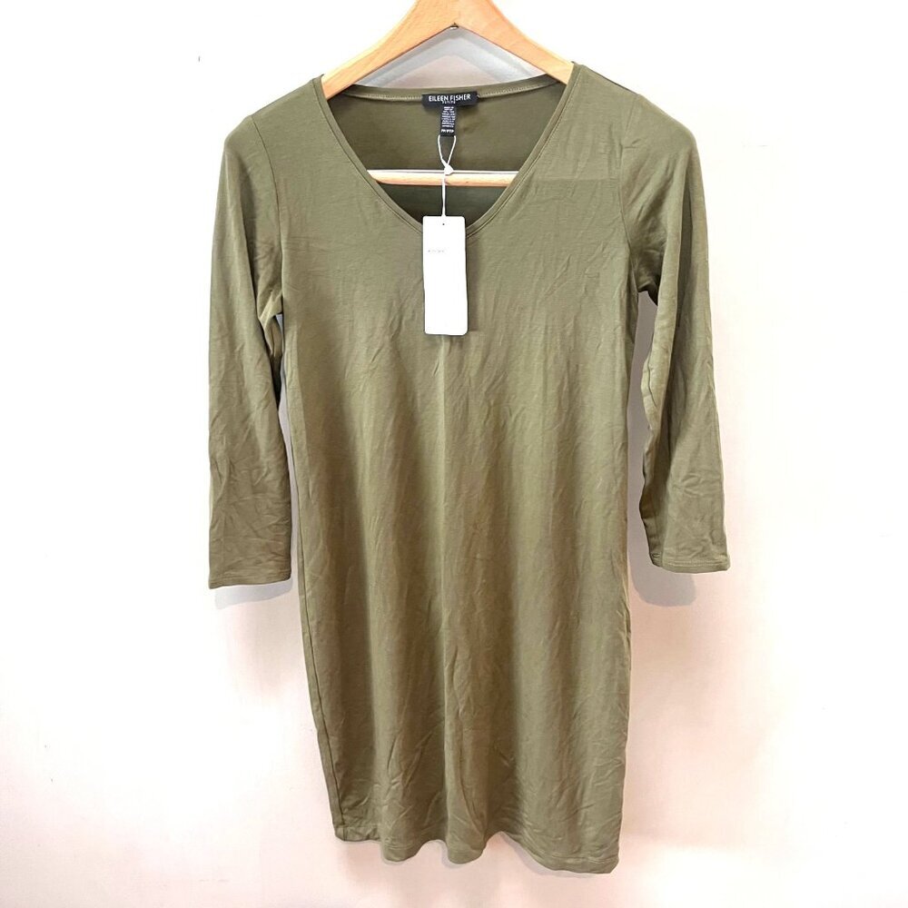 Eileen Fisher Olive V-Neck Shift Dress Petite PP (2-4P) 3/4 Sleeve Viscose/Span